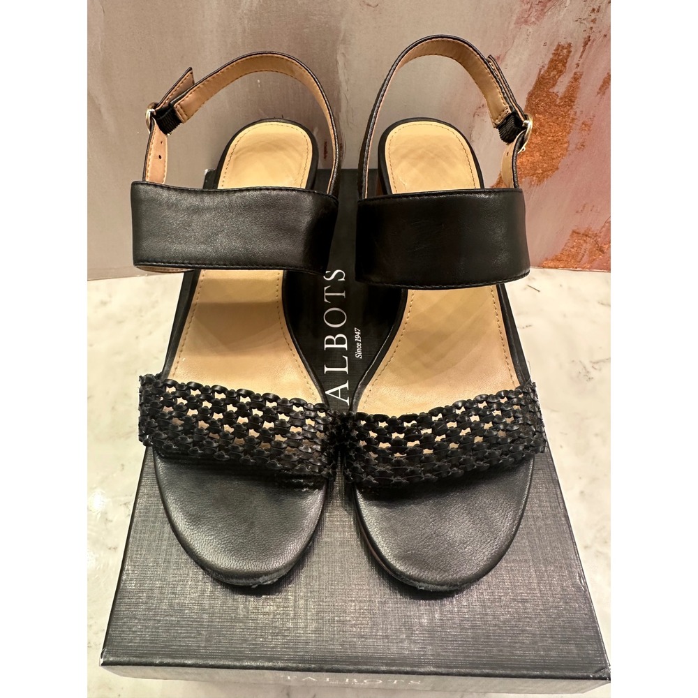 Talbots Mimi Woven‎ Black Leather Block Heel Slingback Sandals 6.5M